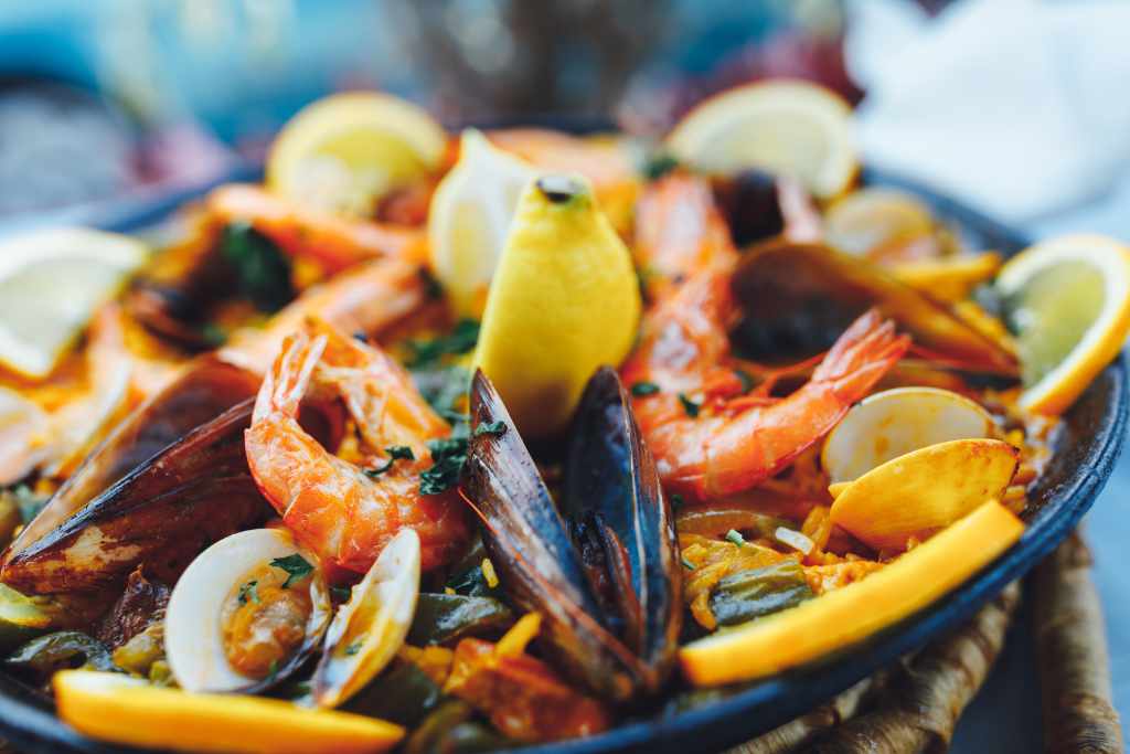 A dish of seafood paella